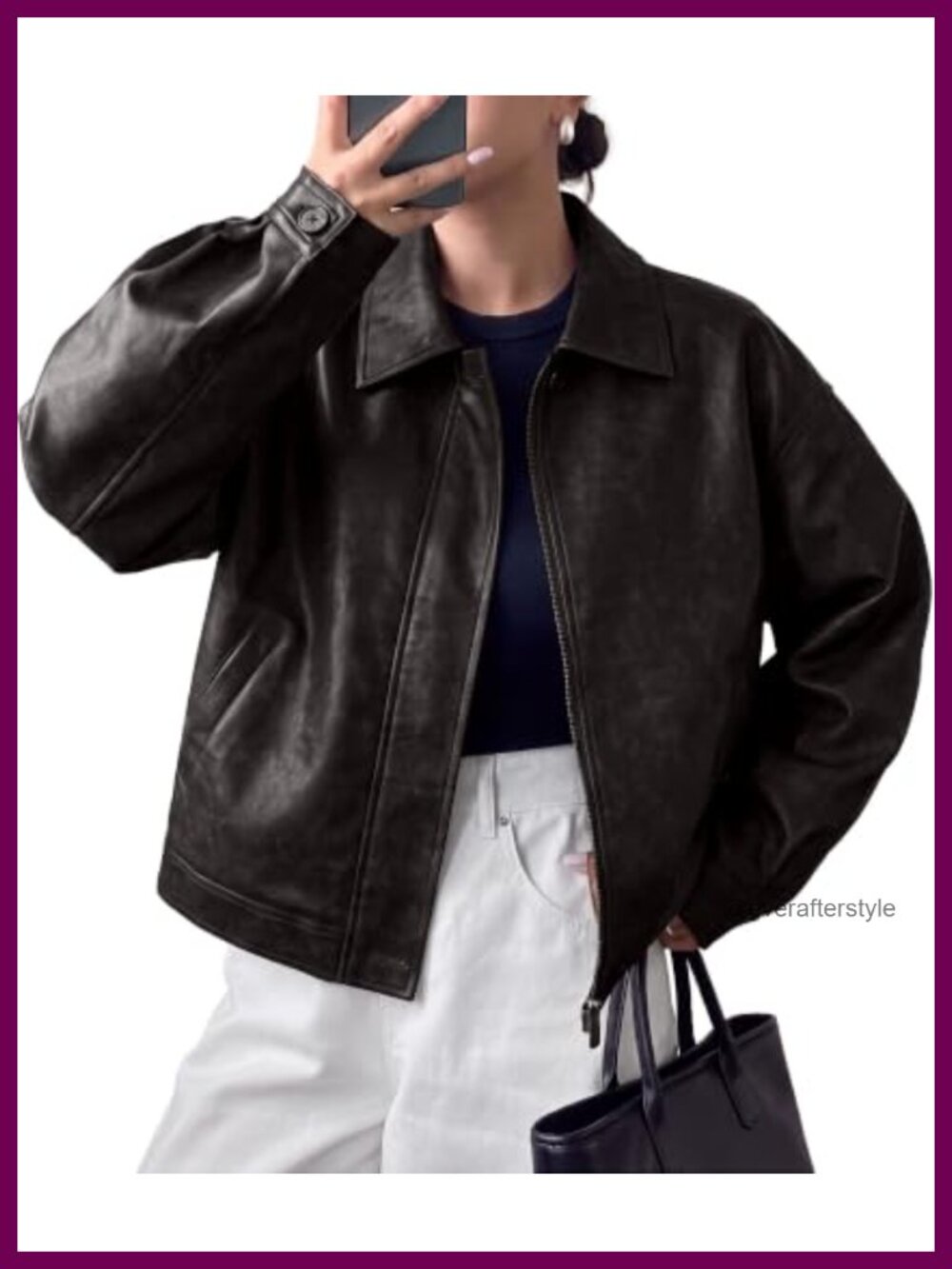 Faux Leather Oversized Motorcycle Jacket Zip Up Moto Biker